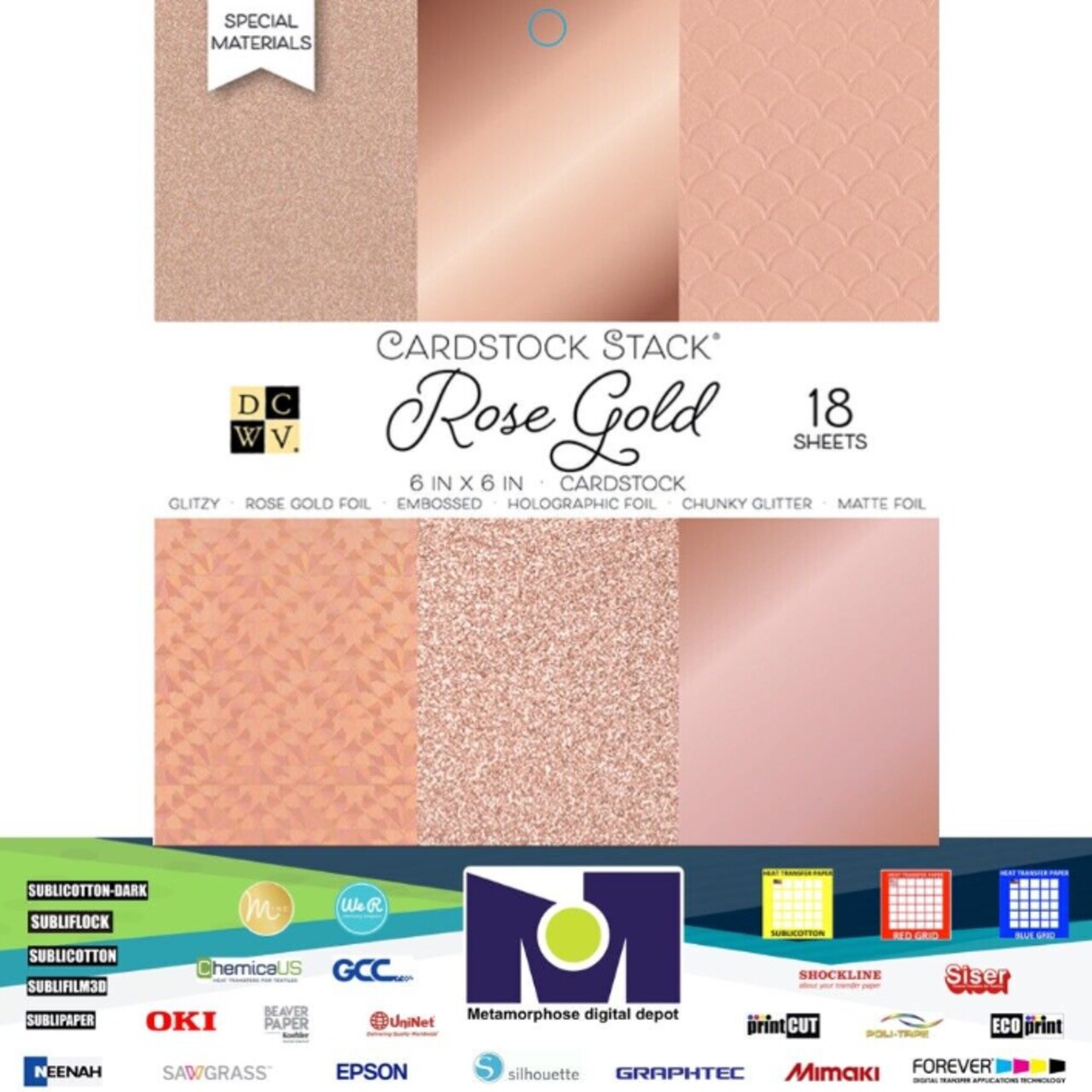 DCWV®️ STACK - 6 X 6 - SOLID ROSE GOLDS - GLITTER AND FOIL 18 Sh PS-006-00132